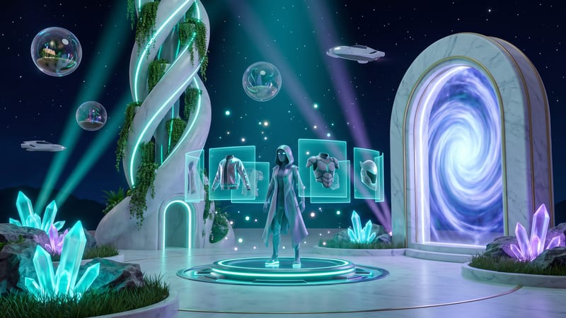 An avatar on a glowing platform in a holographic appearance studio, surrounded by floating outfit options