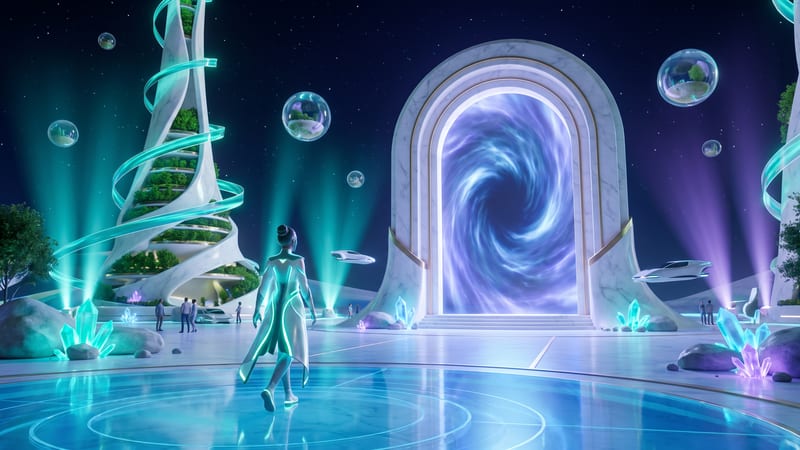 An avatar walking across the BitSoul3D Metaverse plaza toward the portal arch, with the spire tower and floating orb worlds behind