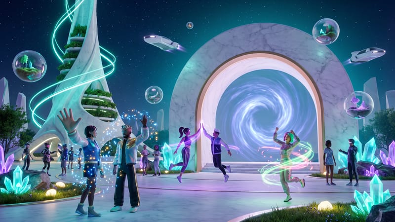 A group of avatars greeting each other with waves and a high-five on the Metaverse plaza