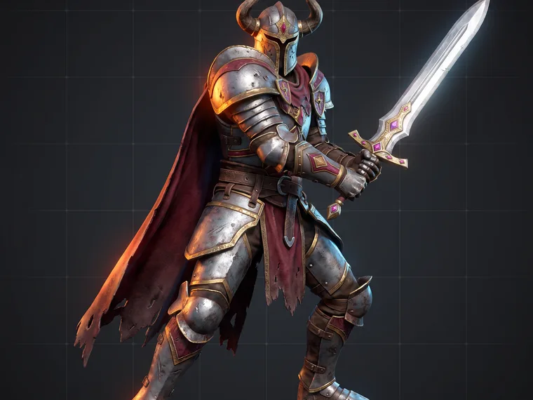 A fantasy knight 3D model with full PBR textures — painted metal armour, leather and cloth — rendered as it appears in a game engine, the GLB download format.