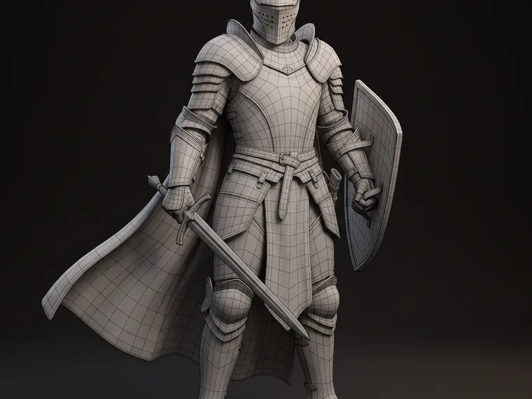 The same knight model untextured — grey clay material with its quad wireframe topology visible — as it looks opened in 3D modelling software, the OBJ download format.