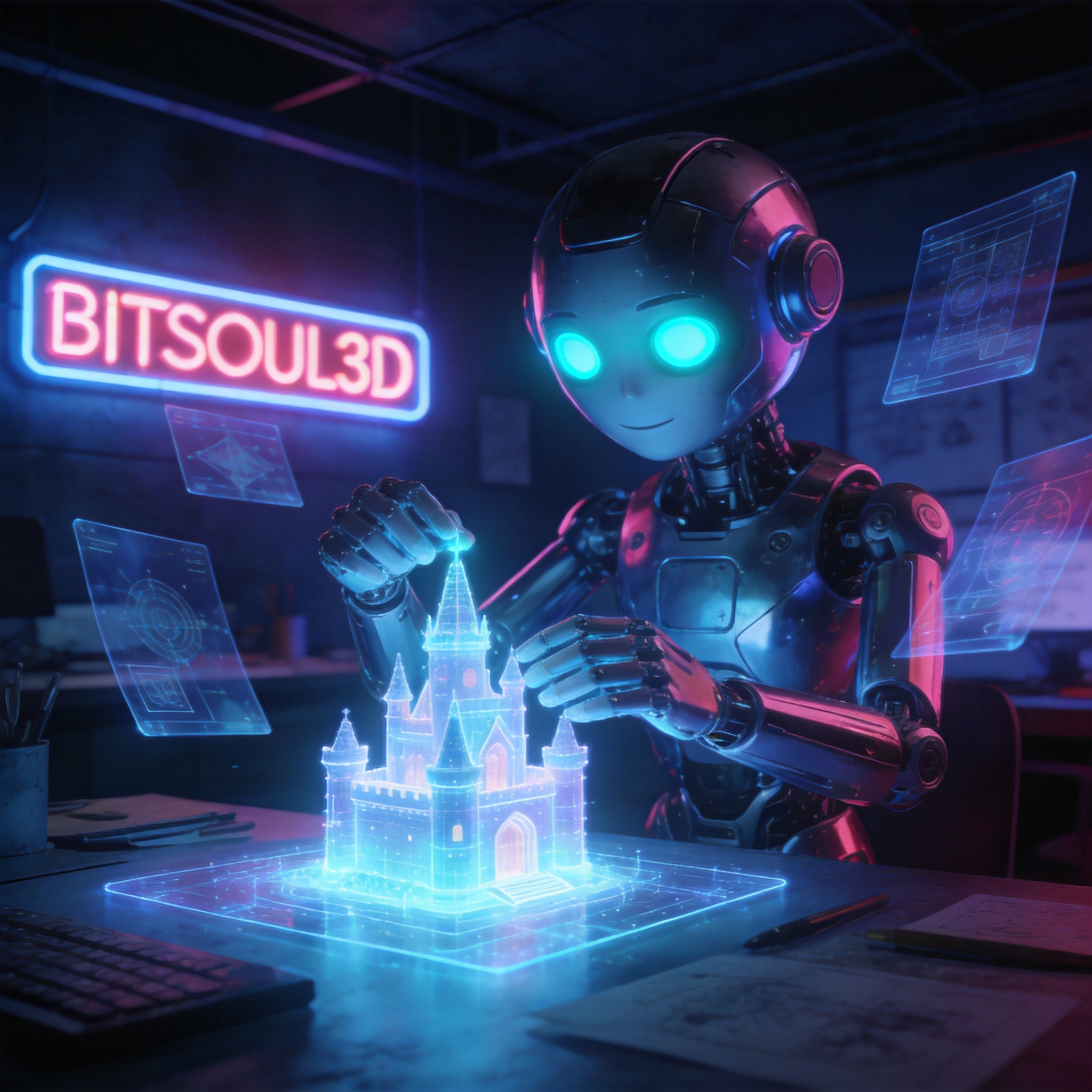 Robot building a holographic 3D castle — AI-generated with the BitSoul3D Engine