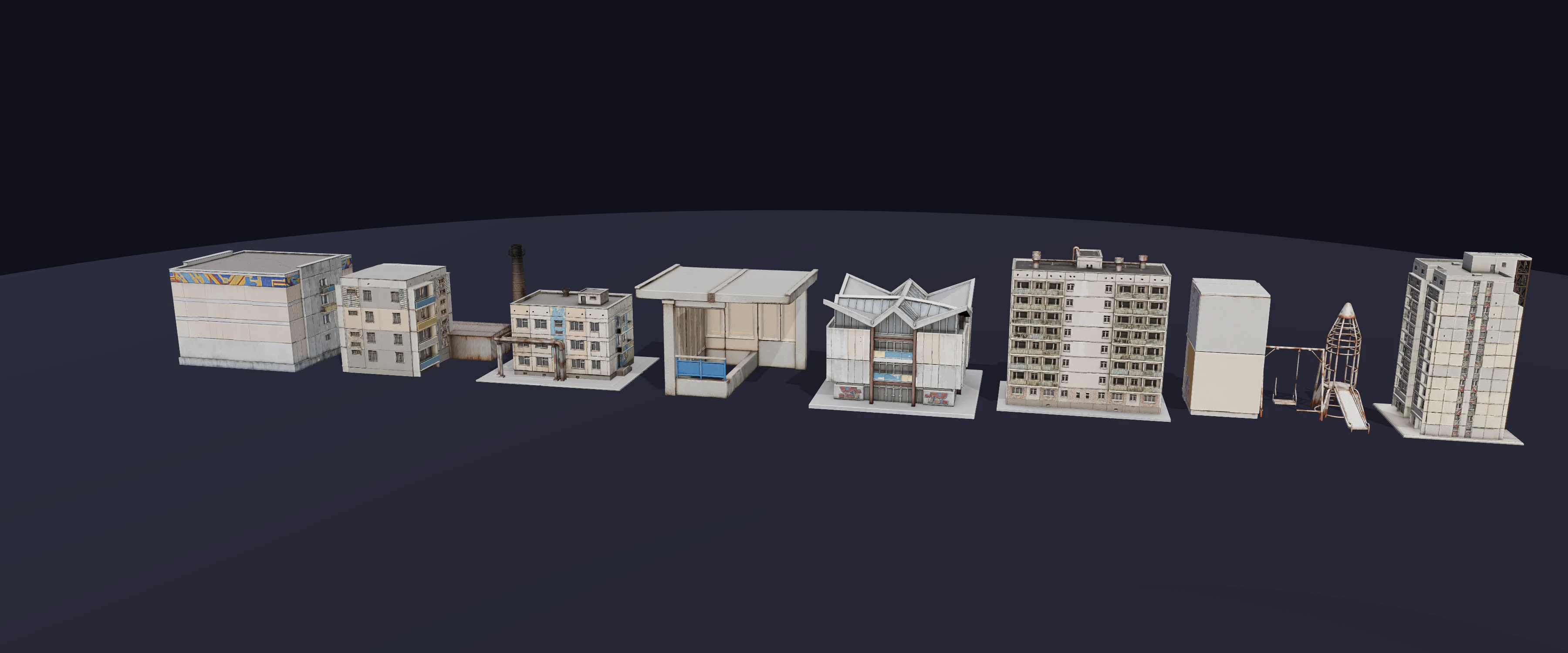Concrete Estates Kit — all 8 pieces at one scale