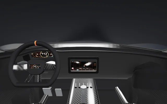 Active Aero Hypercar — Cockpit — cluster, wheel display, nav screen