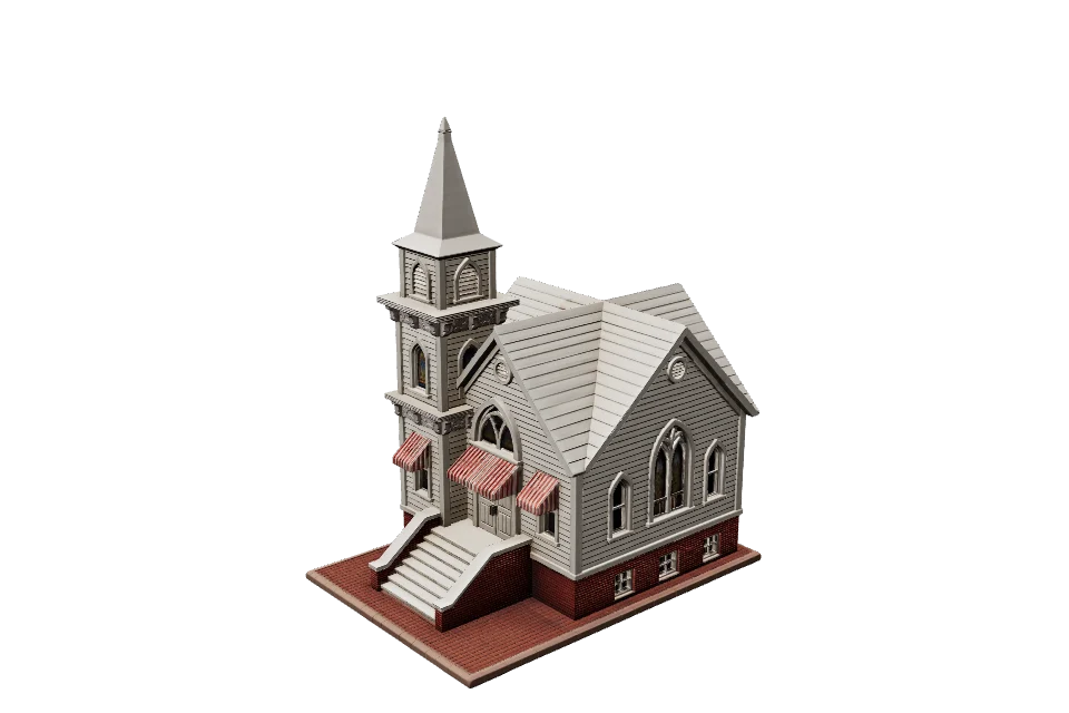 White Clapboard Church — ¾ view