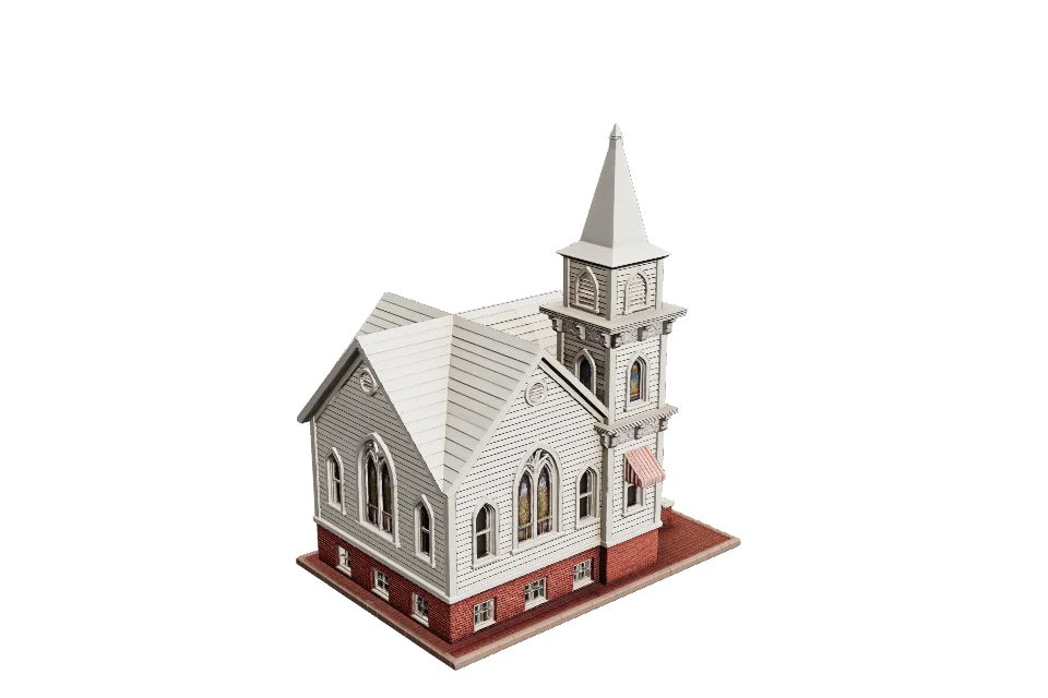 White Clapboard Church — ¾ view · other side